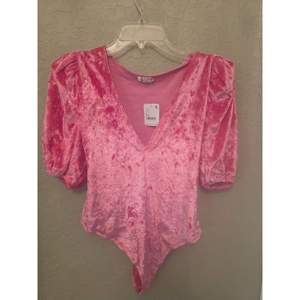 Free People Intimately Free Don't You Wish Pink Velour V-Neck Bodysuit XS NEW